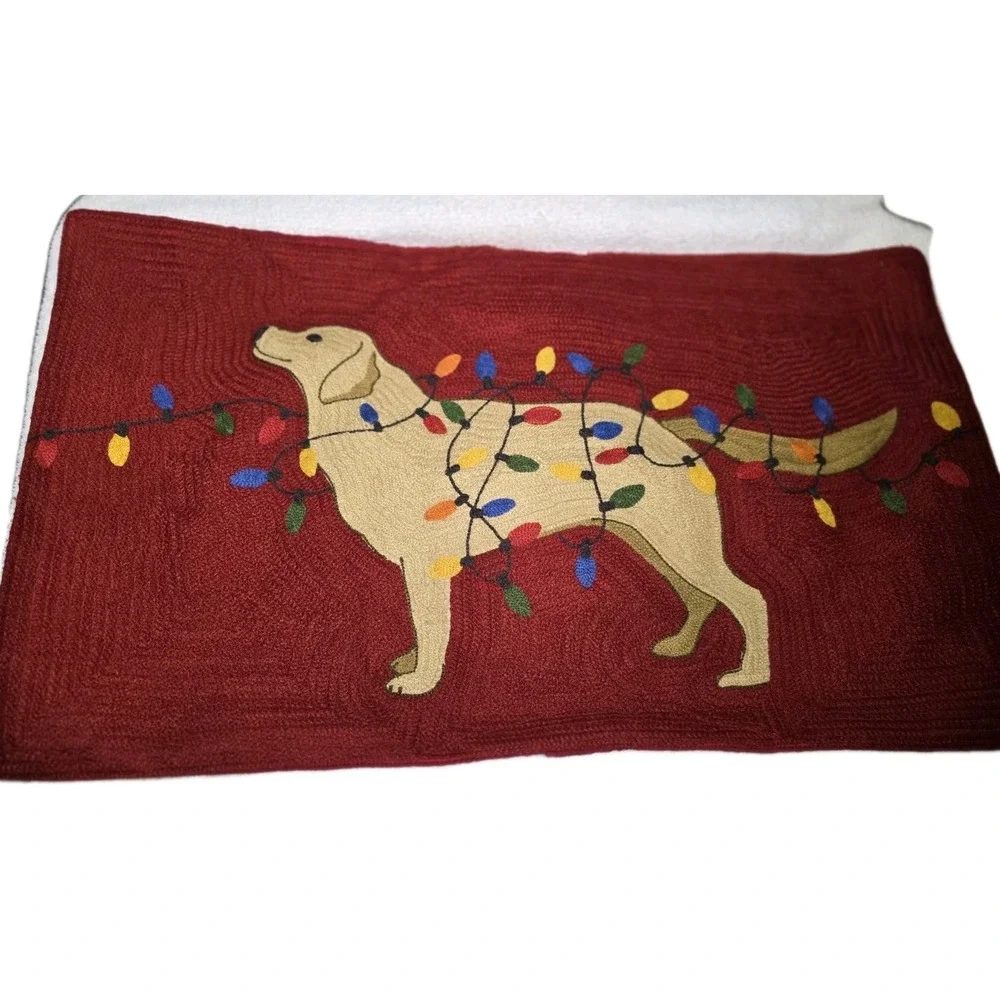 Pottery Barn Crewel Embroidered Dog With Lights Labrador Lumbar Pillow Cover